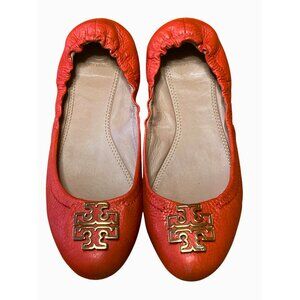 Tory Burch Reva Ballet Flats Burnt Orange Leather Gold Logo, Size 7.5